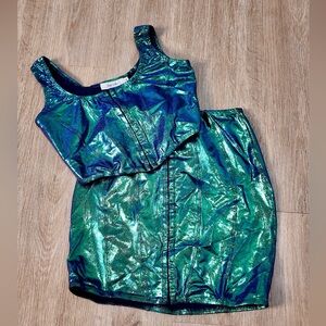 Womens Metallic Green & Blue Size S 2-piece Party Skirt Set Hook-and-eye Closure